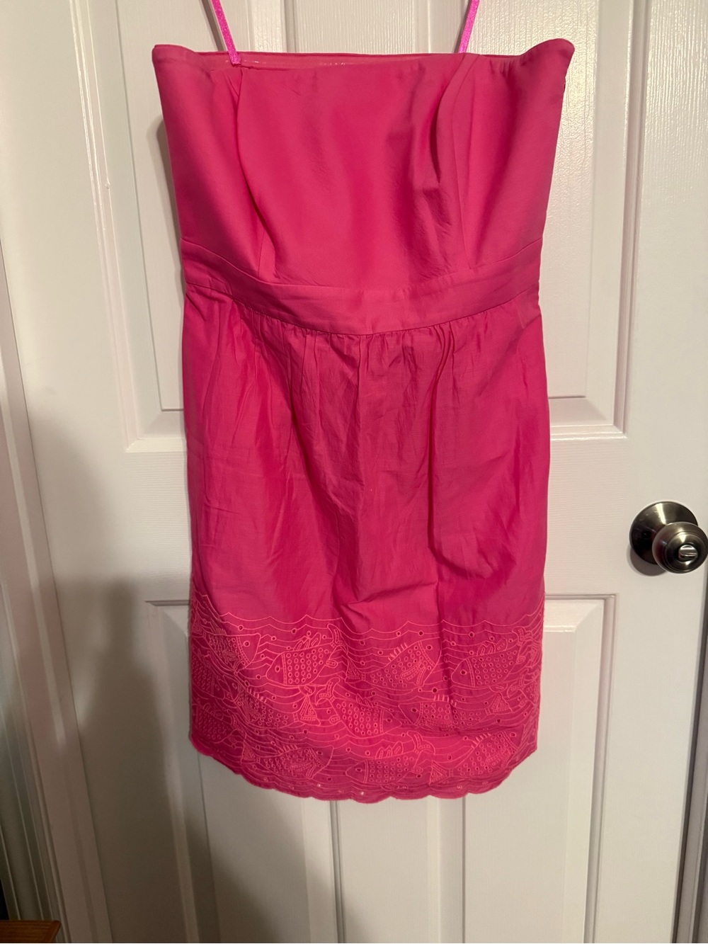Vineyard Vines Fish Eyelet Strapless Dress Pink Scalloped Hem Homecoming Size 4